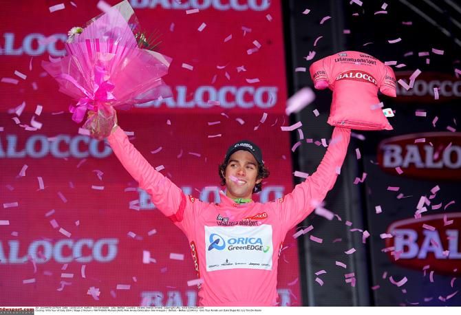 Michael Matthews (Orica-GreenEdge) celebrates in the pink jersey