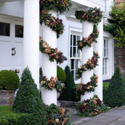 white building with white door and garden with green plants