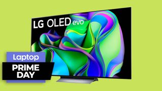 October Prime Day TV deals, LG C3 OLED TV with neon green background 