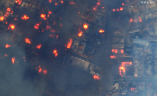 Burning buildings viewed aerially