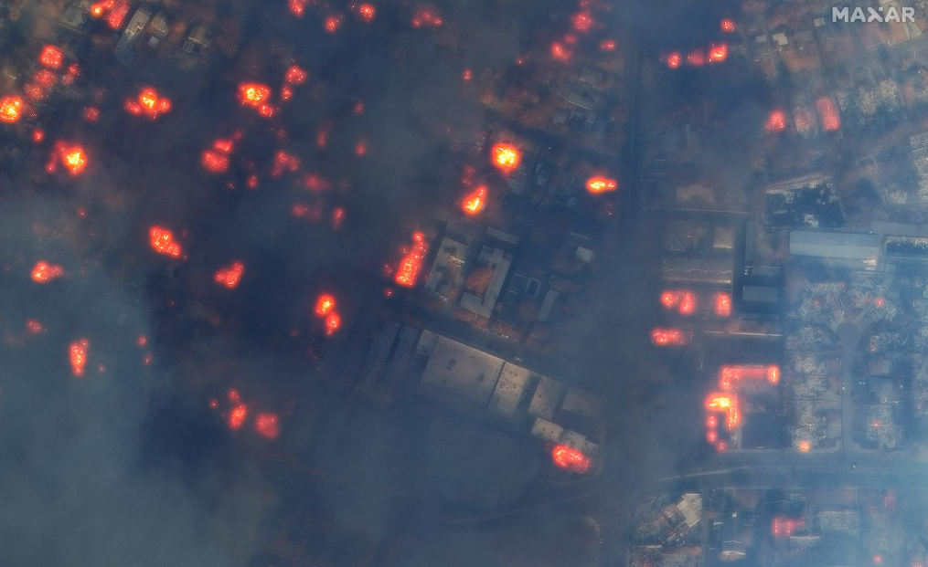 Burning buildings viewed aerially