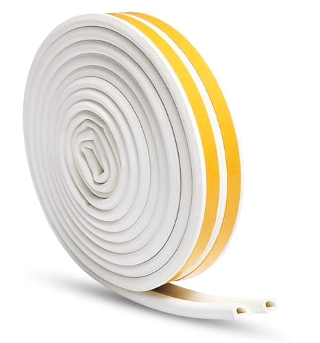 Draught Excluder Tape for Door Window Self Adhesive Foam Tape Insulation Strip Weather Stripping Type D 9mm X 6mm X 5 Meters, 2 Seals Total 10m White