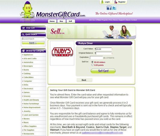 Monster Gift Card image: After listing the gift card's merchant and balance, Monster Gift Card offers a quote for cash or Monster Points.