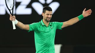 Novak Djokovic of Serbia celebrates his victory in the Men's Singles Semifinal against Jannik Sinner of Italy during day 13 of the 2026 Australian Open at Melbourne Park on January 30, 2026 in Melbourne, Australia. 