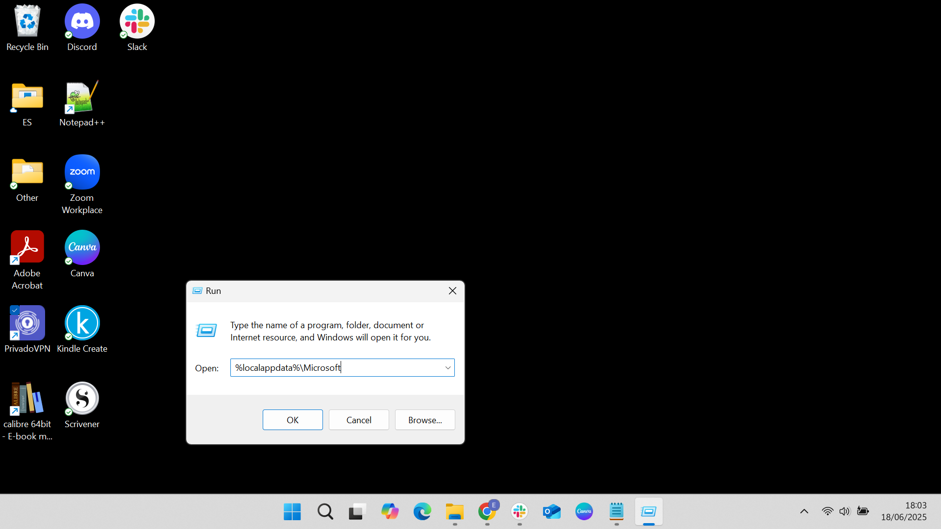 Run dialogue on desktop with the path %localappdata%\Microsoft typed