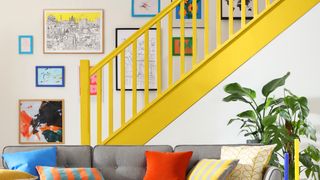 yellow painted modern staircase ideas in white living room