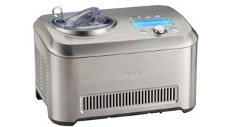 Breville Smart Scoop Ice Cream Maker on a white backrgound with the LED screen lit upwith the