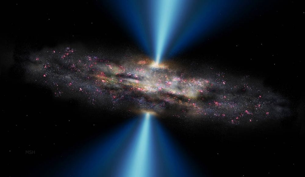 A cloud of dust blocks the bright light coming from the center of this black hole in the middle of a Seyfert galaxy. 