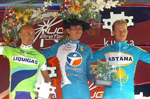 The podium (L to R): Stefano Garzelli (2nd), Xavier Florencio (1st) and Andrey Kashechkin (3rd)