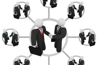 centre image of two cartoon white figures dressed in suits shaking hands surrounded by copies of the same image