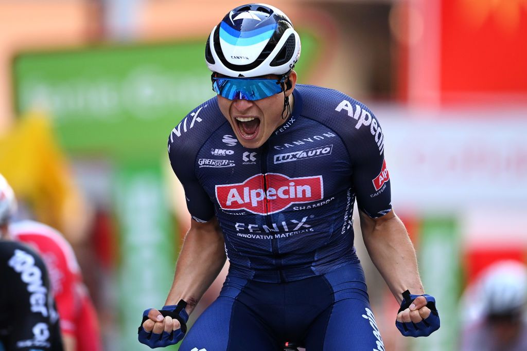 ALBACETE SPAIN AUGUST 18 Jasper Philipsen of Belgium and Team AlpecinFenix celebrates at finish line as stage winner during the 76th Tour of Spain 2021 Stage 5 a 1844km stage from Tarancn to Albacete lavuelta LaVuelta21 on August 18 2021 in Albacete Spain Photo by Stuart FranklinGetty Images