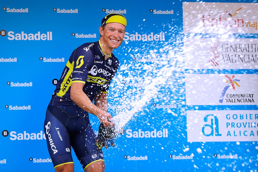 Magnus Cort Nielson celebrates on the stage 4 podium in Valencia