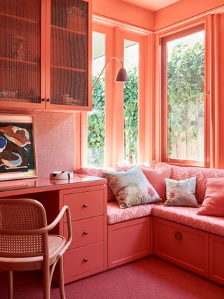 a completely pink home office space