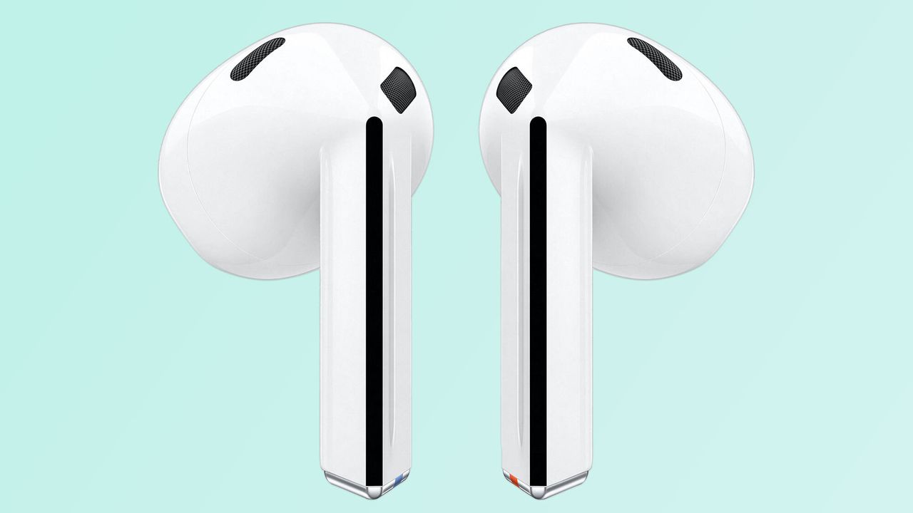 Leaked image of the Samsung Galaxy Buds 3 earbuds in white. Teal background