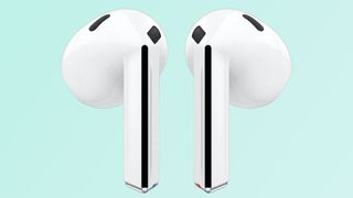 Leaked image of the Samsung Galaxy Buds 3 earbuds in white. Teal background