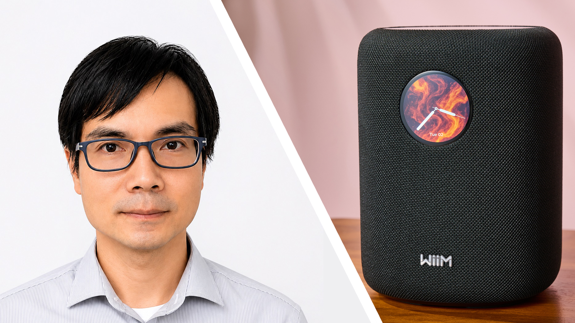A headshot of WiiM CEO Lifeng Zhao, next to a photo of the WiiM sound speaker