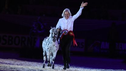 A miniature horse at HOYS trots from the ring under the lights with their handler waving to the crowd.