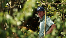 Nick Dunlap looks at a shot in the trees