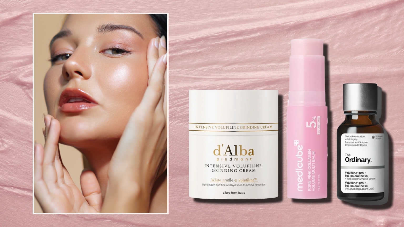 a pink background with a white woman with radiant skin and bare nails next to a white jar of cream, a pink serum stick and a brown glass bottle