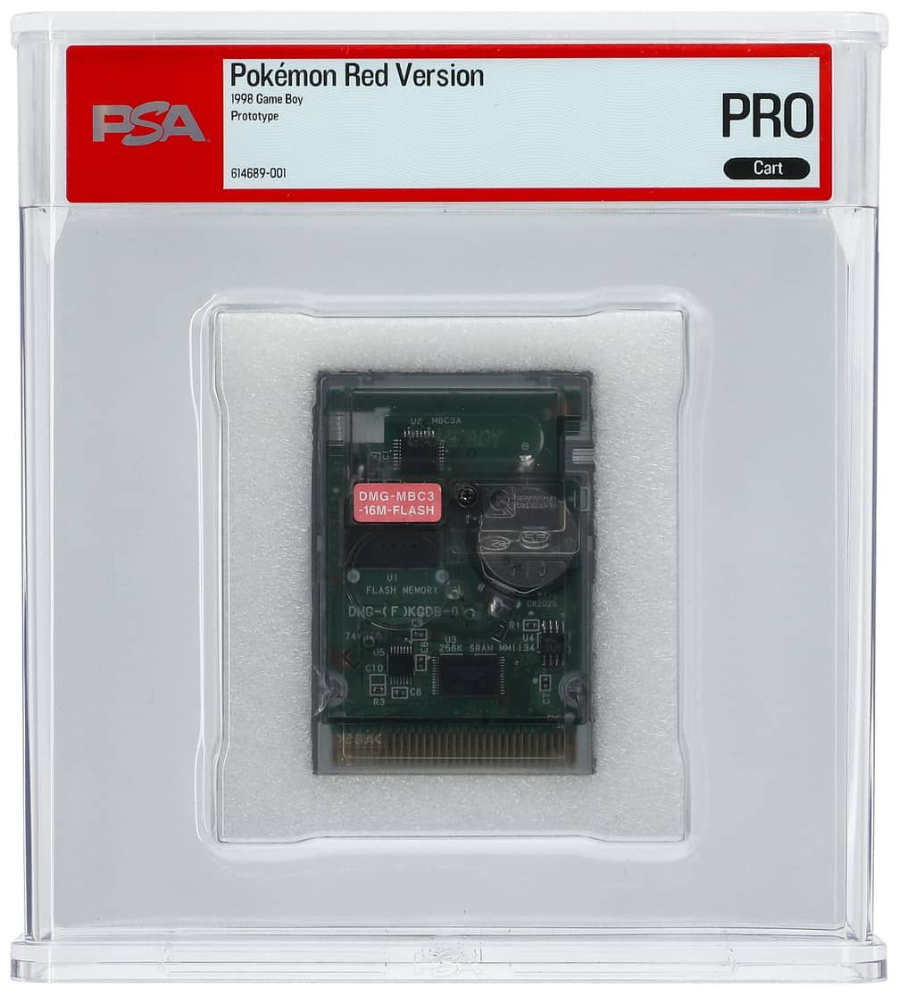 An image of the previously undocumented Pokemon Red development game cartridge, on sale for auction at Goldin