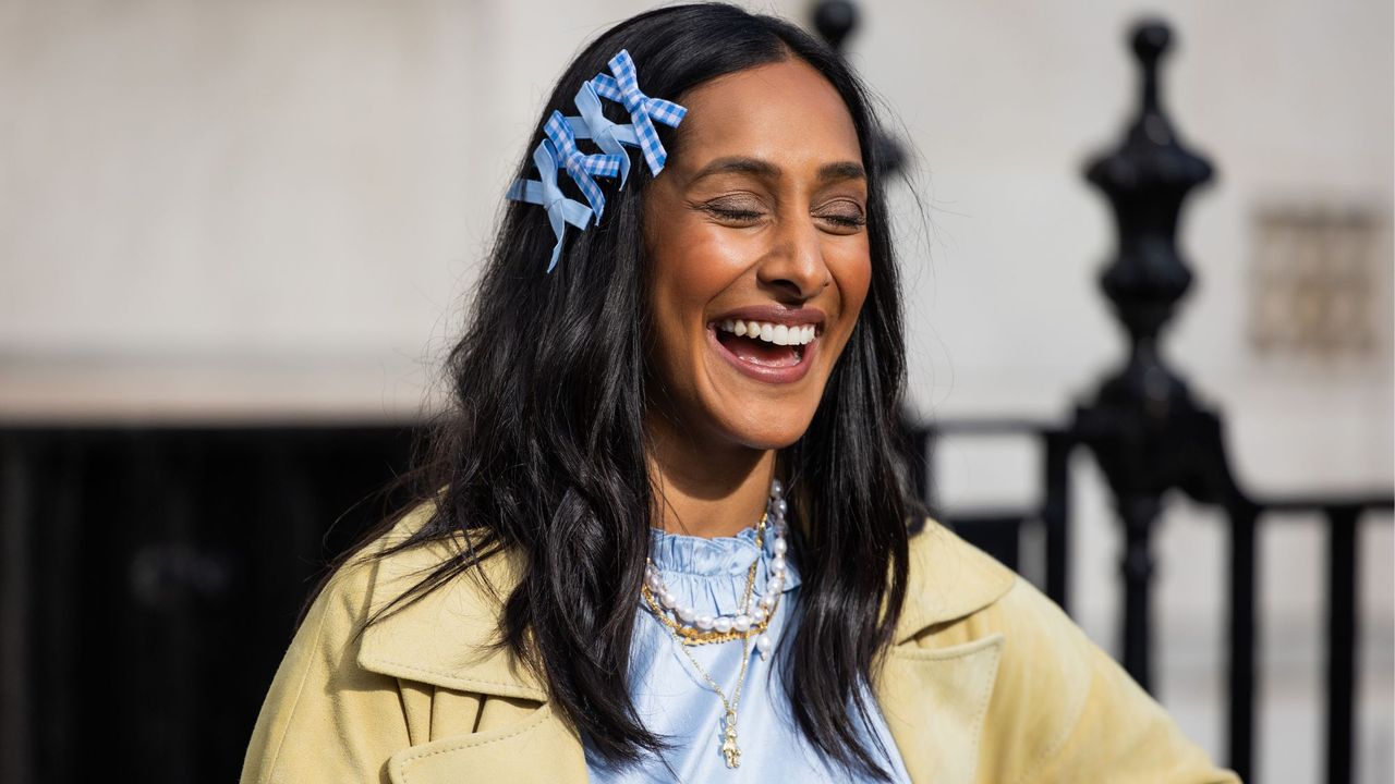 Zeena Shah wearing the bow hair trend at LFW AW24