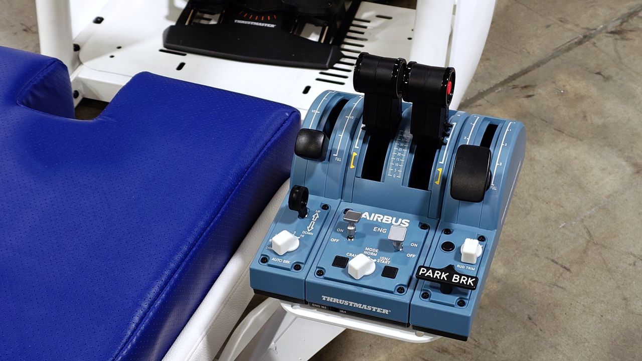 A photo of the Trak Racer Airbus TR550 cockpit showing the right mount with a Thrustmaster Airbus throttle control attached.