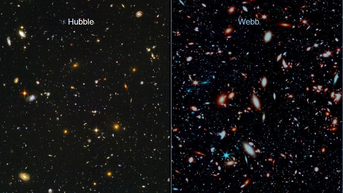 A comparison of a Hubble Space Telescope image and a simulated James Webb S...
