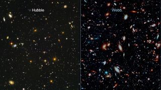 A comparison of a Hubble Space Telescope image and a simulated James Webb Space Telescope image. The new telescope will peer deeper into the most ancient universe.
