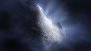 An artist's impression of a blue comet with water vapor pouring off of it