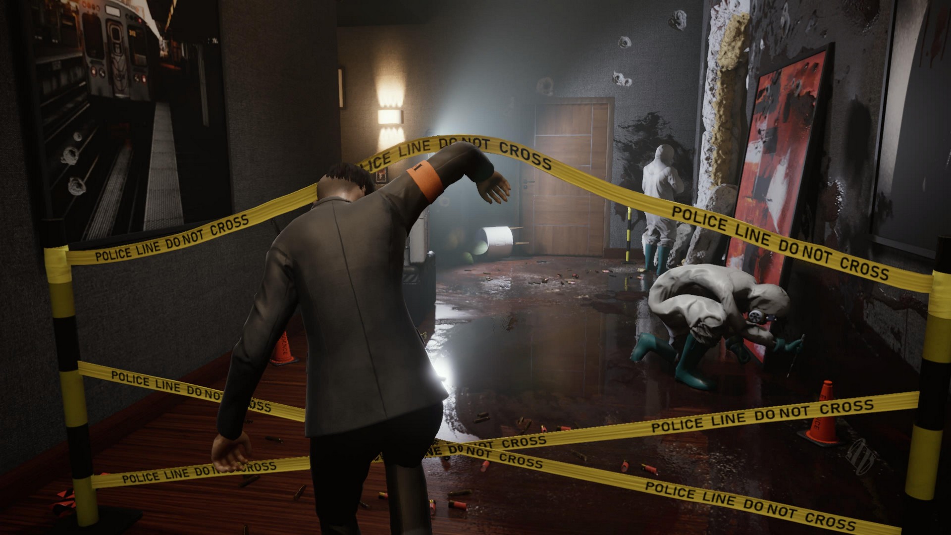 Leysha enters a crime scene Vampire the Masquerade: Swansong