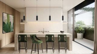 contemporary white kitchen with large island and low pendant lighting