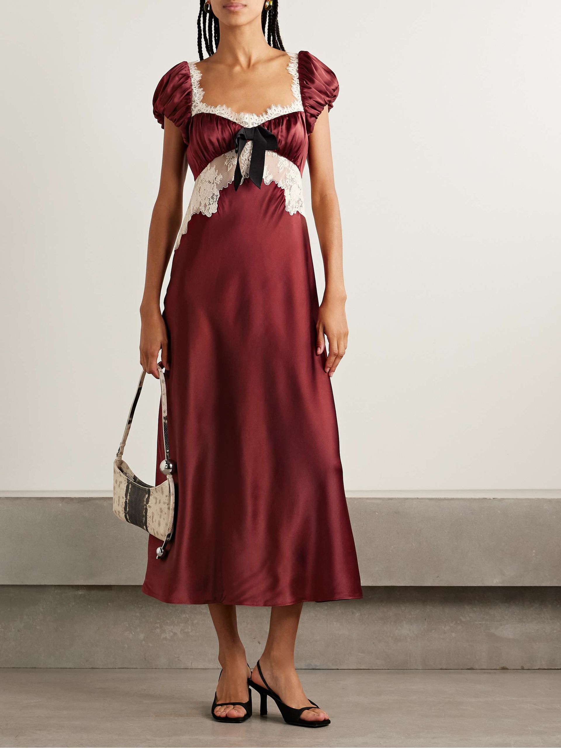 Veda Bow-Detailed Corded Lace-Trimmed Silk-Charmeuse Midi Dress