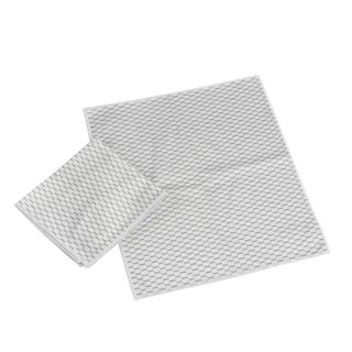 Two gray microfiber cloths - one folded into a square shape and one opened up