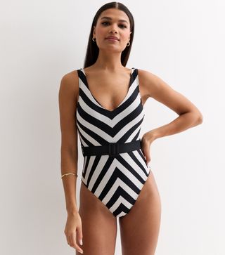 New Look, Black Illusion Stripe Belted Swimsuit