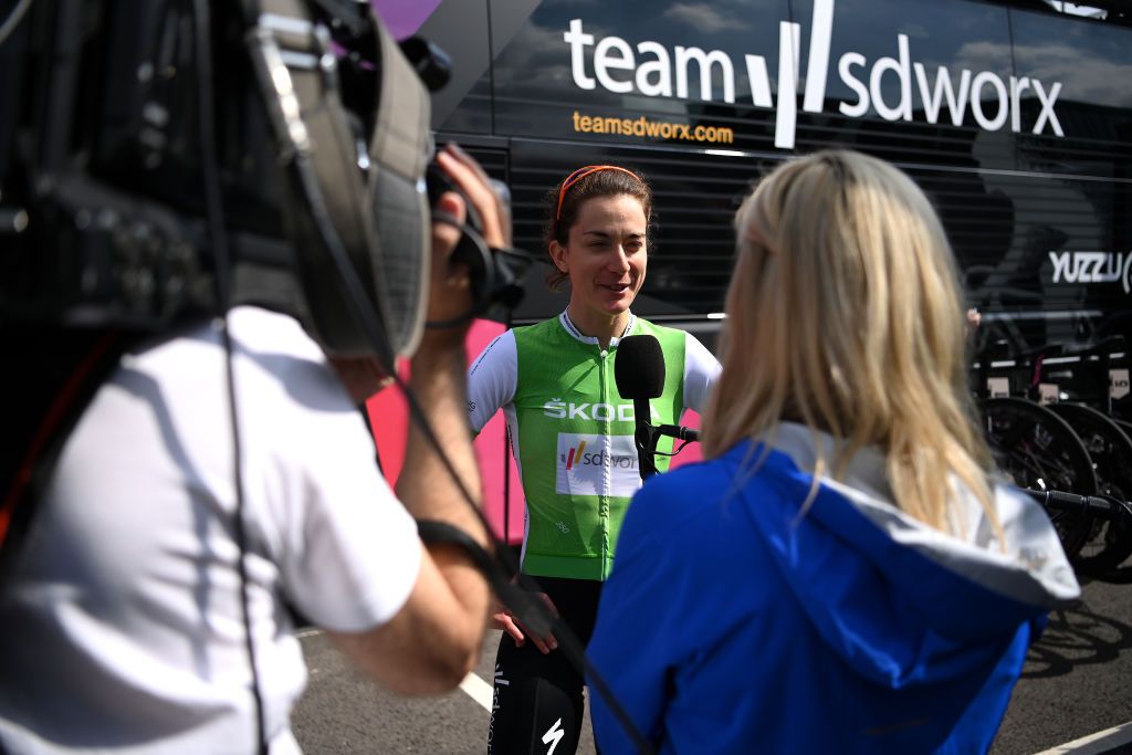 HARLOW ENGLAND JUNE 07 Christine Majerus of Luxembourg and Team SD Worx green queen of the mountains jersey meets the media press at start during the 8th The Womens Tour 2022 Stage 2 a 921km stage from Harlow to Harlow WomensTour UCIWWT on June 07 2022 in Harlow England Photo by Justin SetterfieldGetty Images