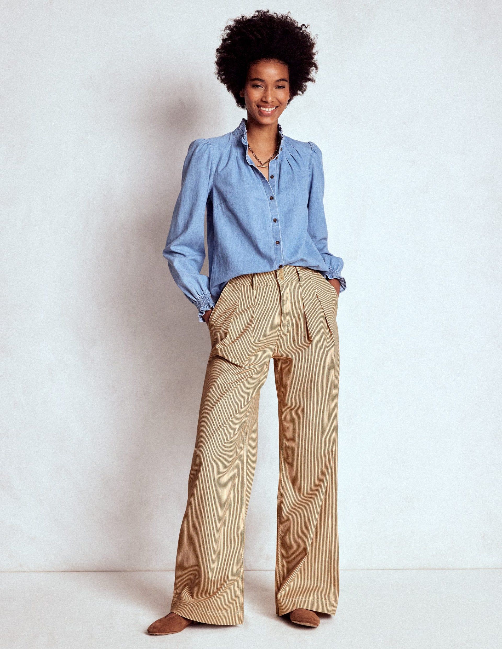 Brompton Wide Leg Pants-Tan and Ecru Stripe
