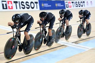 Track cyclists ride on the velodrome