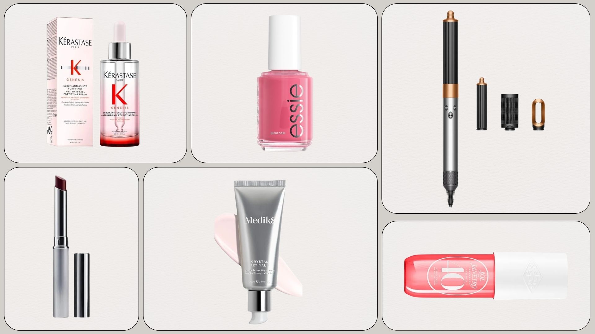 A collage of products from Kerastase, Essie, Dyson, Clinique, Medik8, Sol de Janeiro in the Amazon sale