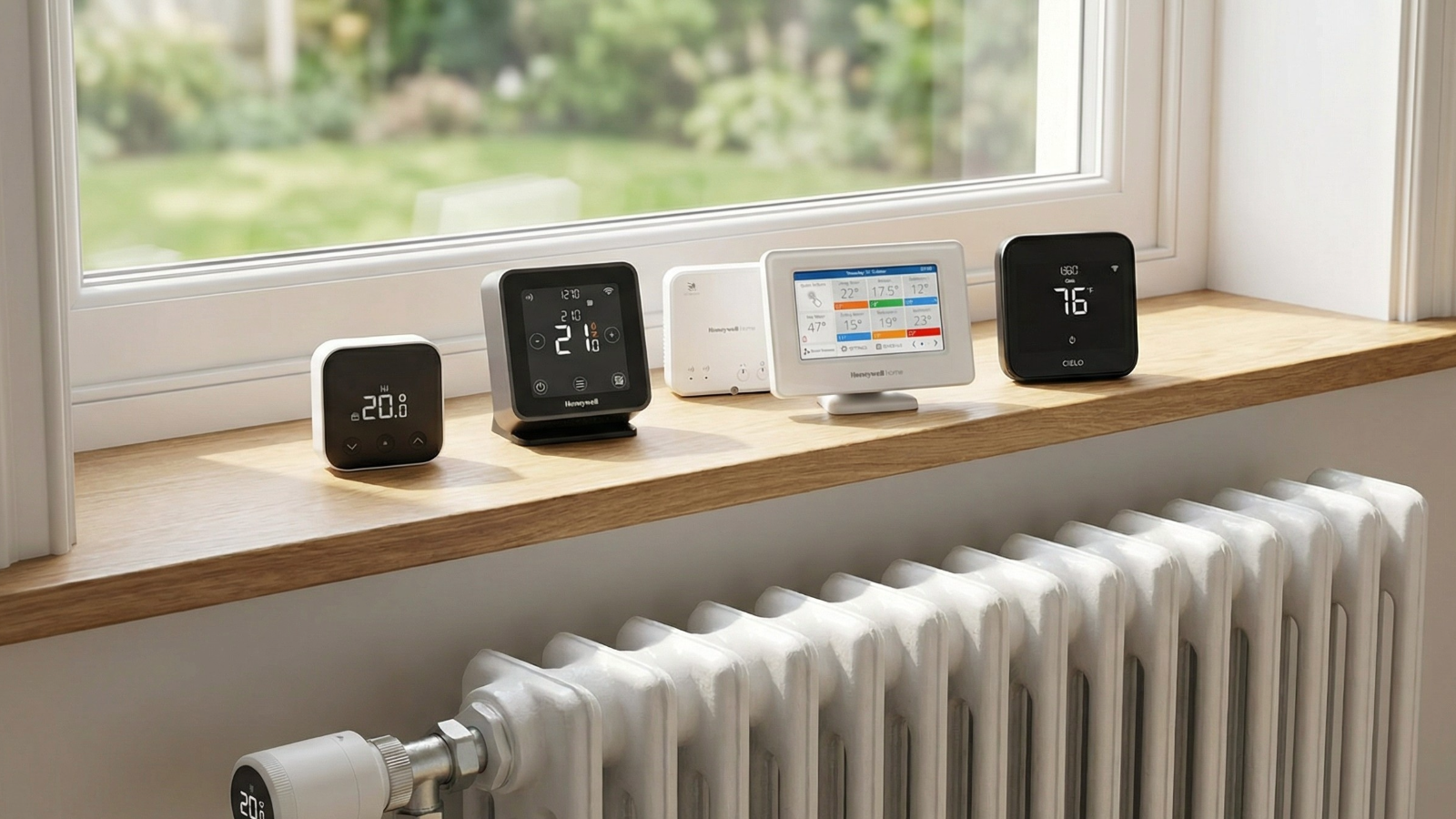 Best smart thermostats lined up on a window sill above a radiator