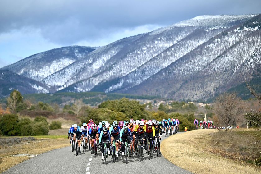 MONTAGNE DE LURE, FRANCE - FEBRUARY 14: Oliver Naesen of Belgium, Matthew Riccitello of United States, Rasmus Sojberg Pedersen of Denmark and Team Decathlon CMA CGM, Luke Lamperti of United States and Team EF Education - EasyPost, Alexis Renard of France and Team Cofidis, Mathias Vacek of Czech Republic and Team Lidl - Trek lead the peloton during the 10th Tour de la Provence 2026, Stage 2 a 174.9km stage from Forcalquier to Montagne de Lure 1566m on February 14, 2026 in Montagne de Lure, France. (Photo by Billy Ceusters/Getty Images)