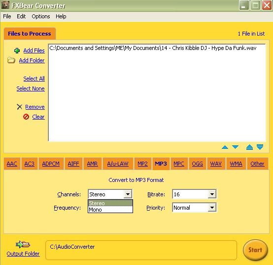 FXBear Audio Converter Image: File conversion menu with Channels options.