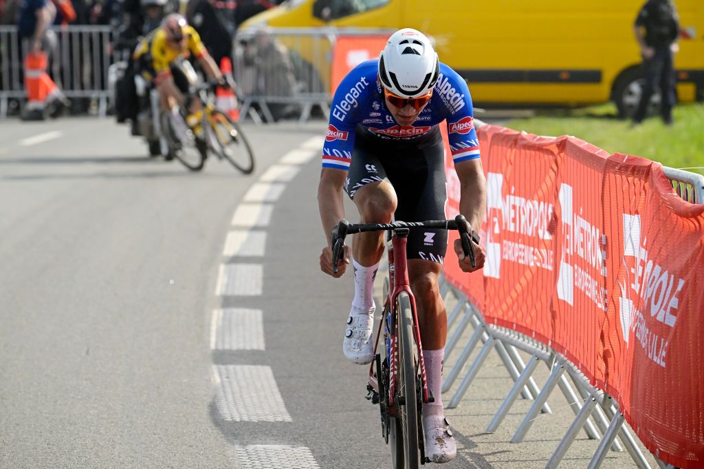 ROUBAIX FRANCE APRIL 09 Mathieu van der Poel of The Netherlands and Team AlpecinDeceuninck attacks in the breakaway during the 120th ParisRoubaix 2023 Mens Elite a 2566km one day race from Compigne to Roubaix on UCIWT April 09 2023 in Roubaix France Photo by Bernard Papon PoolGetty Images