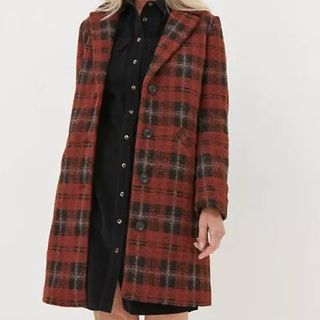 Checked Collared Longline Coat with Wool