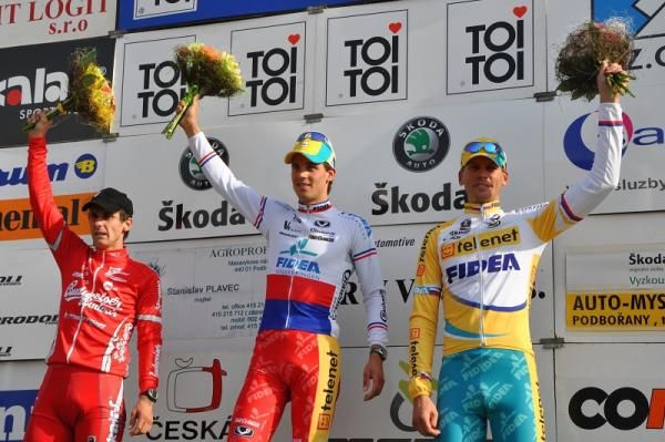 The podium: Martin B&iacute;na (2nd, Cyklo Team Budvar T&aacute;bor), Zdenek &Scaron;tybar (1st, Telenet Fidea Cycling Team), Petr Dlask (3rd, Telenet Fidea Cycling Team).