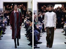 Models wear striped dress, polished leather boots, striped trousers, long colar pink shirt and patterned white shirt