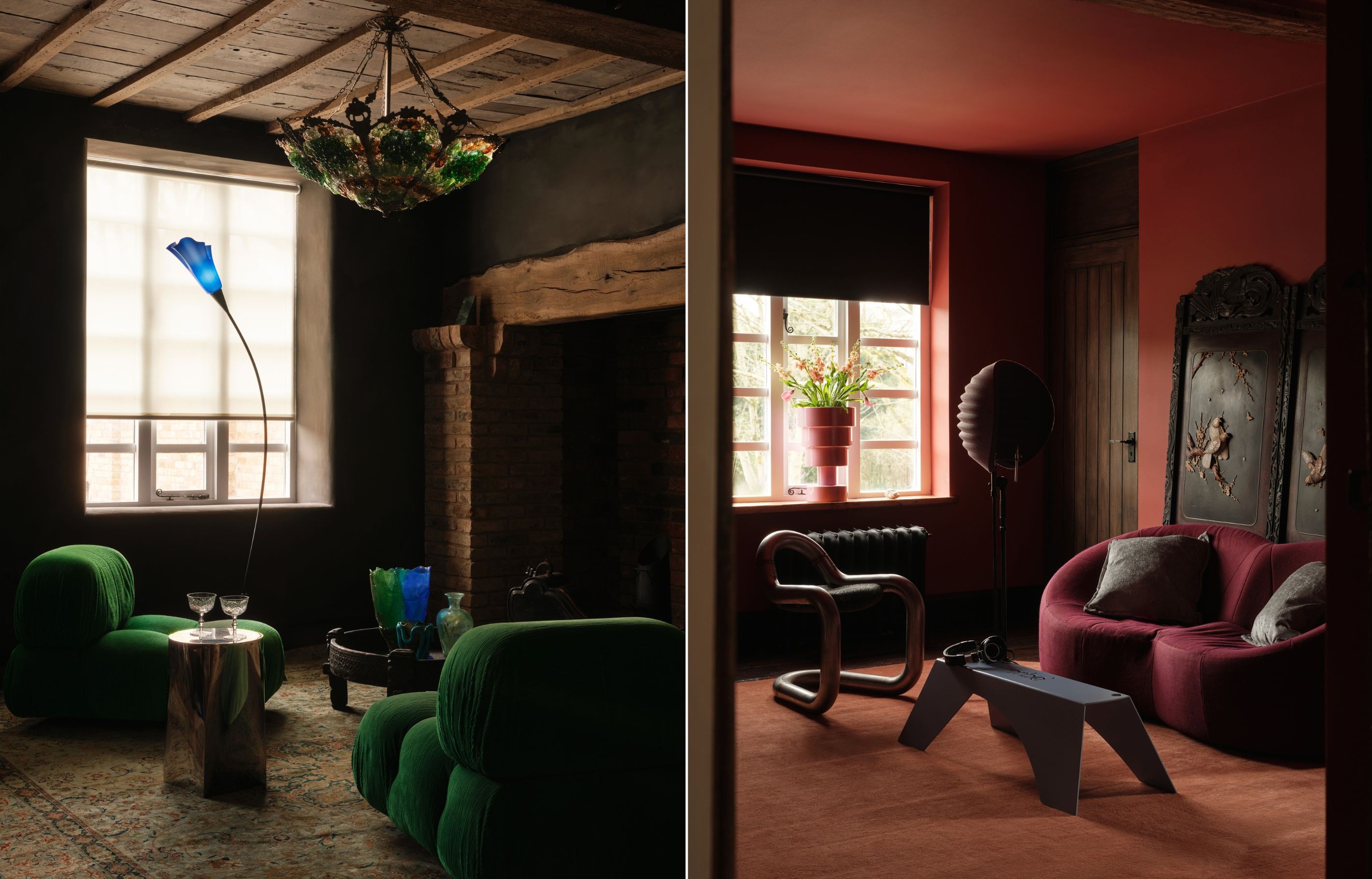In the left image there are two green accent chairs with a greenish/orange ceiling light hanging above as well as a coffee table and side table placed to one side. In the image on the right is a deep red room with a red sofa as well as a wood accent chair and a coffee table in the middle.