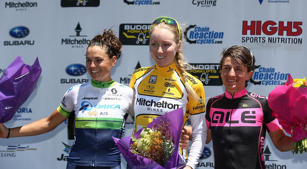 The final overall women's podium at the Bay Crits