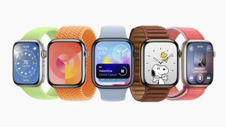 Five Apple Watches side-by-side, all showing new features in watchOS 10.