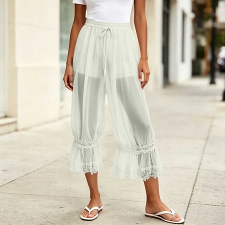 Waguth Women's Lace Trim Sheer Mesh Capri Pants Elastic Waist Drawstring Beach Cover-Up Pants for Summer Vacation &amp;amp; Casual Wear