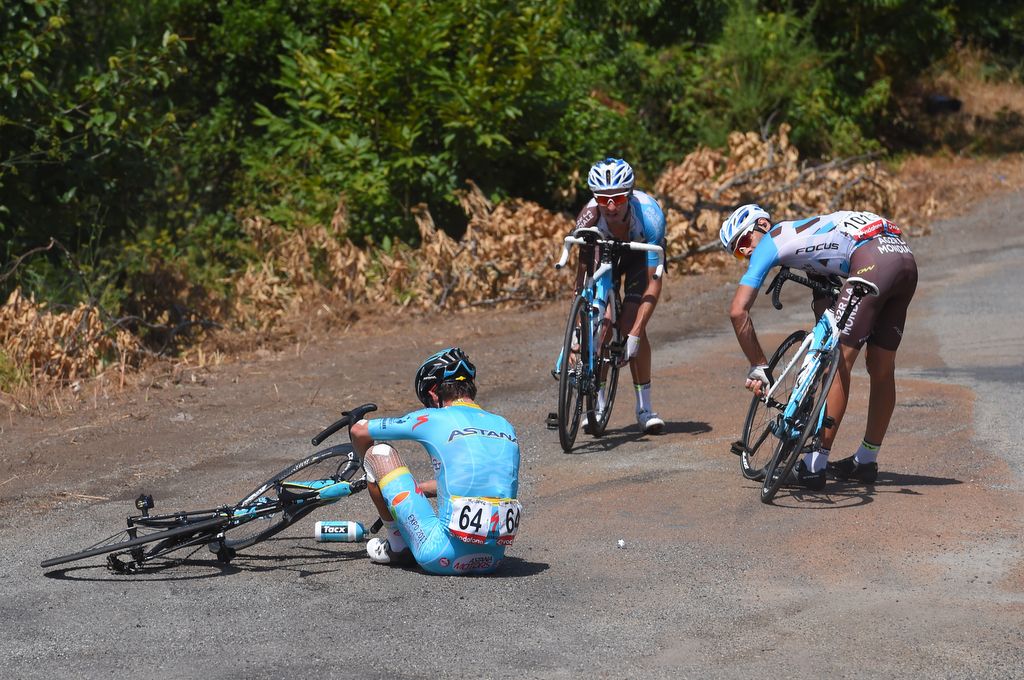 Miguel Angel Lopez (Astana) crashed on the stage and would go on to abandon